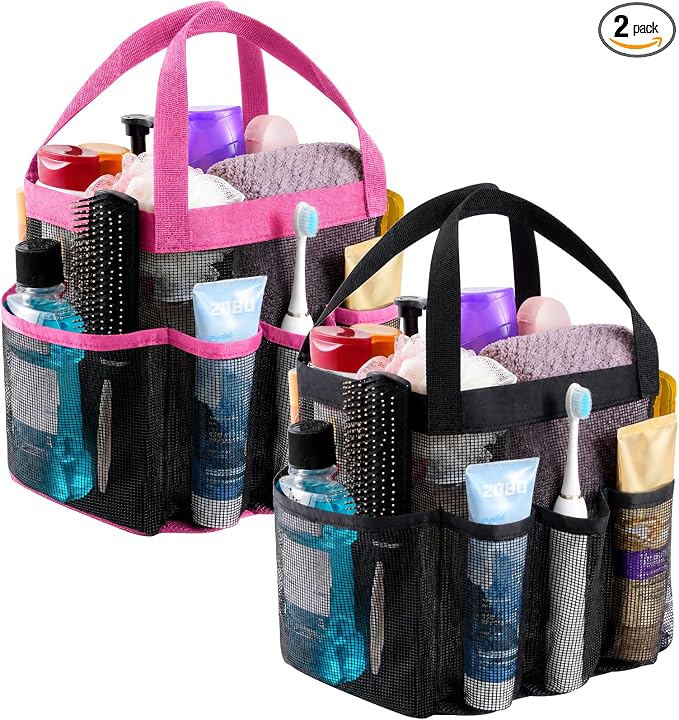 Lifewit Mesh Shower Caddy 2 Packs, Freestanding Portable Shower Tote Bag for Dorm, Bathroom, Gym, Travel, Quick Dry Hanging Organizer with 7 Storage Pockets for Toiletry Essentials, Black&Pink