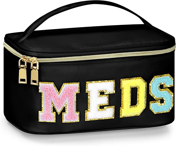 BuyCard Medicines Chenille Letter Bag Nylon Meds Makeup Pouch Preppy Path with Zipper and Handle Cosmetic Toiletry Storage Purse for Women Black