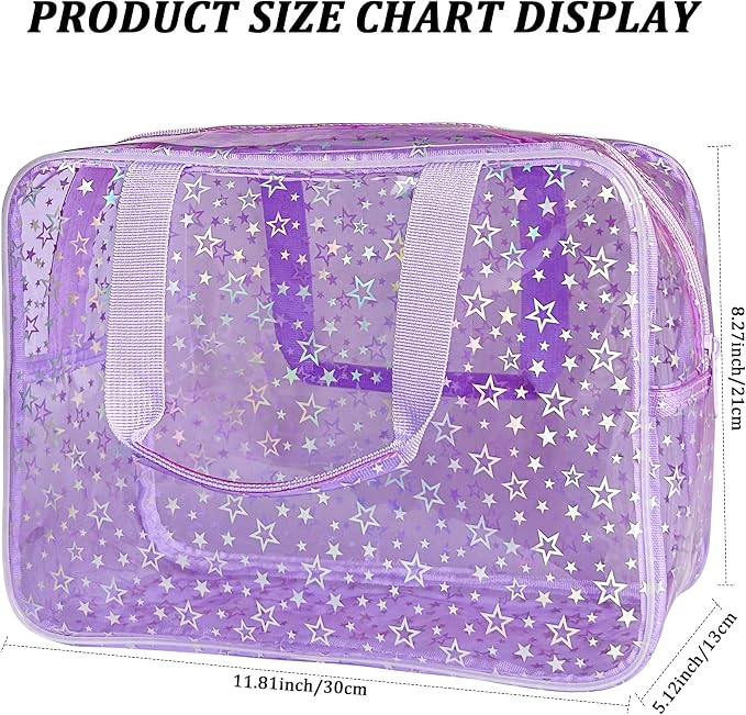 Clear Star Large Cosmetic Bag and Travel Pouch with Handle,Durable Material,Zipper Design-Ideal for Makeup,Travel Essentials (Purple+Shiny Star)