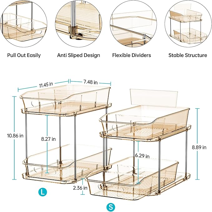 Delamu 2-Tier Under Sink Organizers and Storage, Multi-Purpose Stackable Bathroom Cabinet Organizers, Pull Out Kitchen Pantry Organization and Storage with Dividers(2 Pack, Amber)