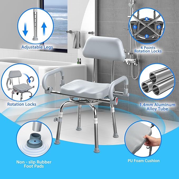Swivel Shower Chair with Arms and Back,Anti-Slip Design,with Security Belt for Elderly and Disabled,Adjustable Height and Backrest,One-Touch Rotate Shower Chair,Gray