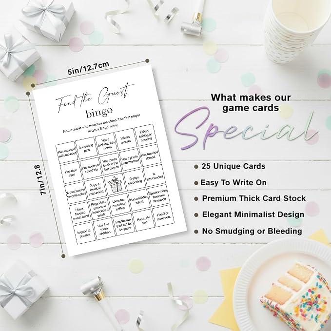 Find The Guest Bingo Cards – 25 Unique Cards, Icebreaker Party Games for Adults, Rustic White Mingle Activity for Birthday Parties, Family Reunions, Office Events & Friendsgiving