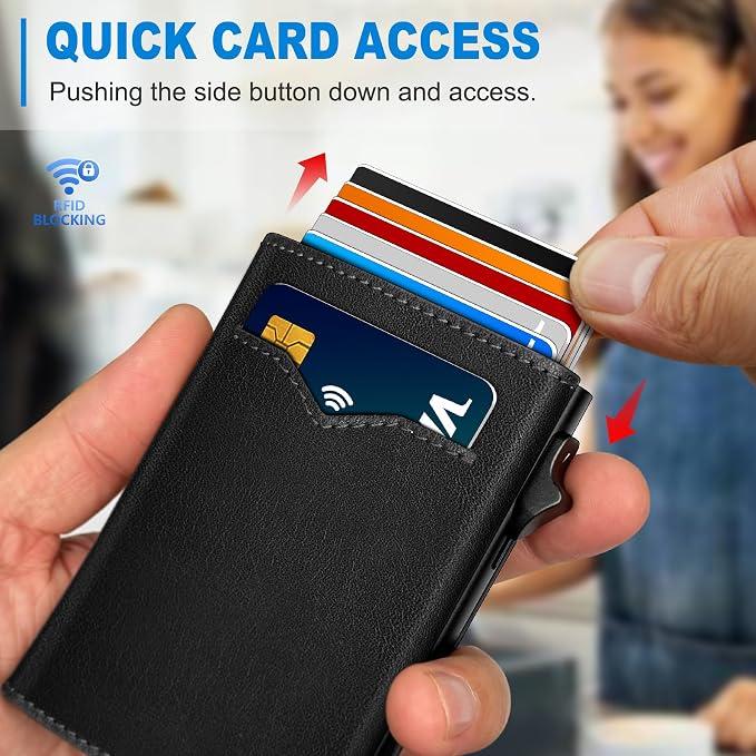 Wallet for Men,with Cash Pocket 2 ID Window 9-13 Cards,Metal Case Smart Slim Pop Up Credit Card Holder Flip with Magnetic Closure RFID Blocking Trifold wallet with Gift Box