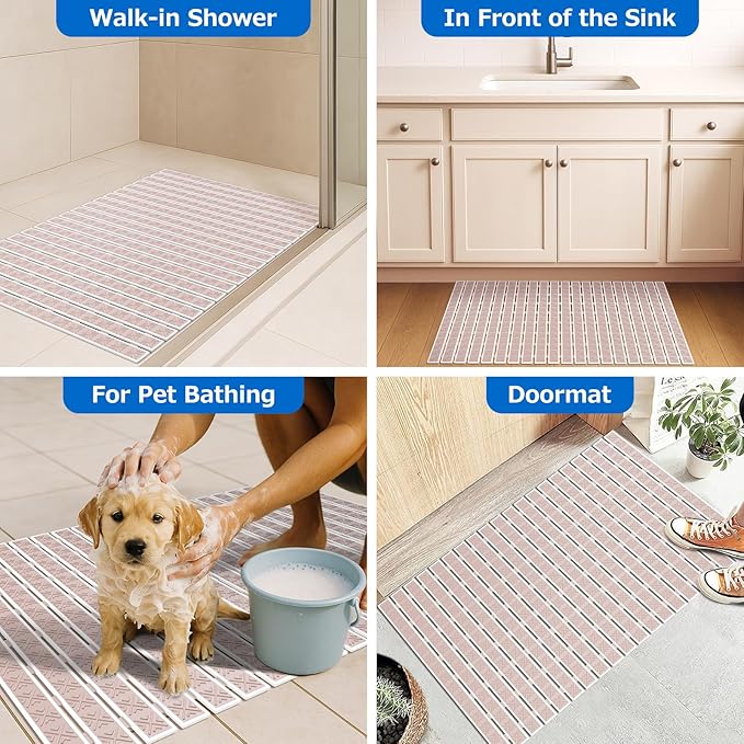 Non Slip Rubber Bathtub & Shower Mat - Fast Drain & Upright Drying Design, Strong Suction Cups, Structured Textured Surface, Low-Maintenance Bathroom Safety Mat, 27 x 16 Inch, Beige, Matace