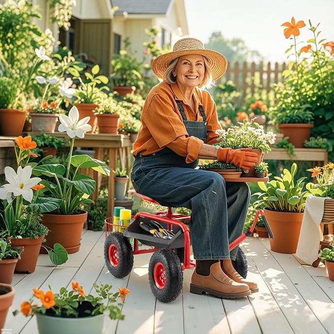 Rolling Garden Seat, Garden Stool with Wheels, Extendable Handle, Storage Basket & Tool Tray, Garden Scooter with 360 Degree Swivel Seat for Outdoor, Garden & Yard (Red)