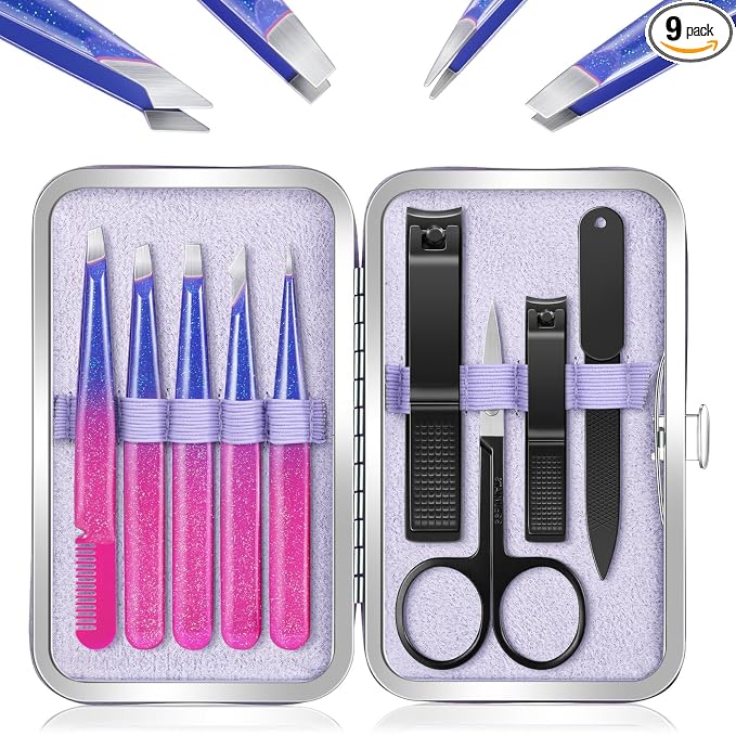 MORGLES Tweezers Set 9 Pcs Nail Clipper Kit with Case for Eyebrows Grooming | 5 Tweezers, Clippers, Scissors, Rust-Proof Steel, Travel Press-On Case, Gift for Him/Her, for Splinters, Brows, Facial Hair
