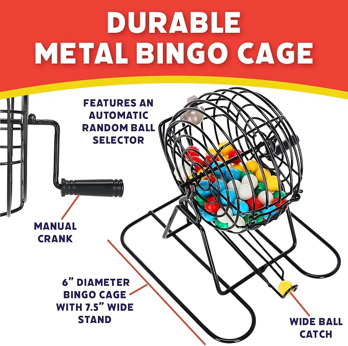 Popular Playthings Deluxe Bingo Game Set, Metal Cage with Reusable Cards and Marker Chips, Board Game Set for Adults and Kids - 18 Cards & 150 Chips
