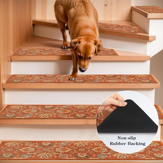Lahome Carpet Stair Treads Non Slip Backing, Orange 15 Pack Stair Treads | 8" X 30" Stair Treads for Wooden Steps Indoor, Soft Washable Stair Runners Oriental Staircase Rugs for Kids Pets Elders