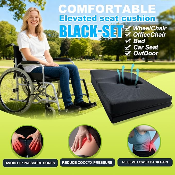 Gel Wheelchair Seat Cushion,Bed Sore Cushions for Butt,Sciatica,Coccyx,Pressure Sore & Ulcer Pain Relief Butt Pillow for Office Chair,Removable&Washable(Thickened&Support-Enhanced Set Black)