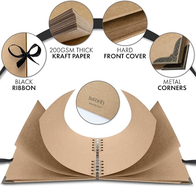 Bstorify Square Scrapbook Photo Albums 36 Pages (7 x 7 inch) Brown Thick 200gsm Kraft Paper Scrap Book, Ribbon Closure - Ideal for Your Scrapbooking Albums, Art & Craft Projects (7 x 7 Inch, Brown)