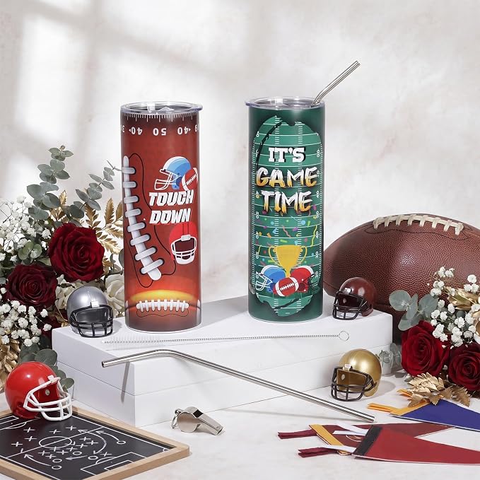 Geiserailie 2 Pack Football Tumbler Cups Gifts 20 oz Insulated Stainless Steel Sports Travel Mug with Lids Straws for Christmas Father's Day Men Dad Football Lovers Fans