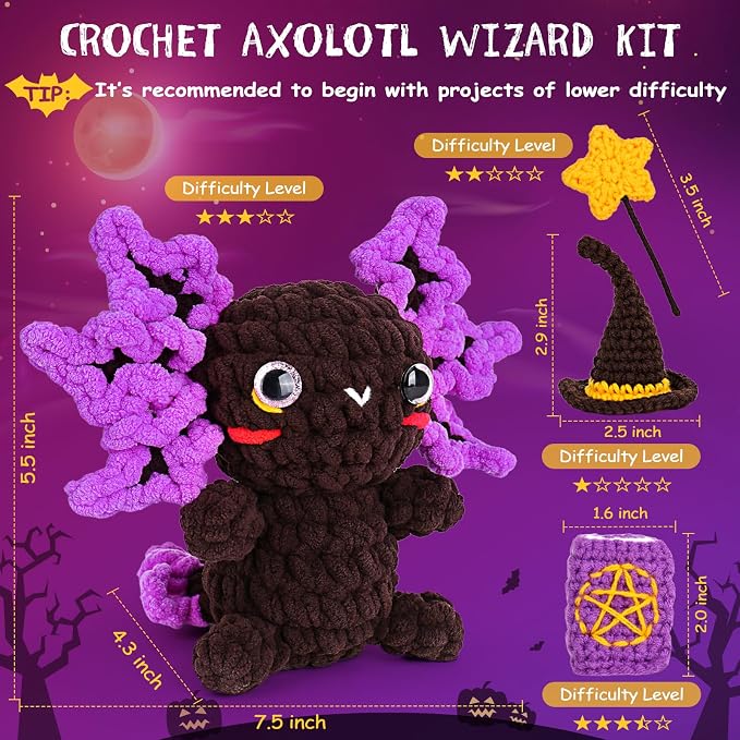 Crochetta Crochet Kit for Beginners, Crochet Starter Kit w Step-by-Step Video Tutorials, Beginner Crochet Kit for Adults Kids Women Men Complete Kit Included (Axolotl Wizard)