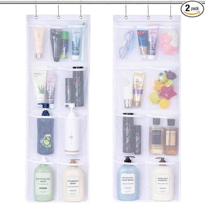 Lifewit Cruise Essentials Shower Caddy Must-Have, 9 Pockets Hanging Bathroom Organizer with Quick-Dry Mesh, Portable Shower Bag to Storage Soap, Shampoo, for RVing, Travel, Camping, White, 2 Packs