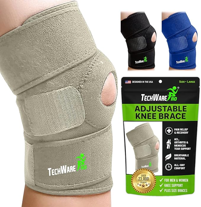 TechWare Pro Knee Brace Support - Knee Braces for Knee Pain. Relieves ACL, LCL, MCL, Meniscus Tear, Arthritis, Tendonitis Pain. Dual Stabilizers Non Slip Neoprene. Adjustable Bi-Directional Straps -5 Sizes