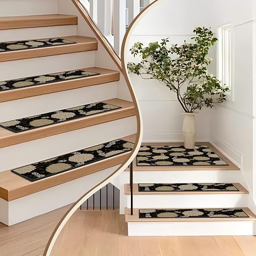 Non Slip Stair Treads for Wooden Steps, 1 Pack 30"x30" Washable Carpet | 30x30 in soft chenille polyester stair treads with reusable TPE backing for indoor wood stairs, dogs, kids, and seniors