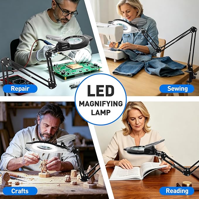 KIRKAS 12X 30X LED Magnifying Lamp with Clamp, 2,200 Lumens Dimmable Bright | 35in Adjust Swivel Arm Magnifying Glass with Light for Repair Reading Craft Needlework Hobby Workbench Magnifier Dust Cover