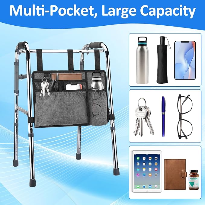 Walker Accessories, Foldable Walker Basket with Cup Holder (Gray) | Walker Bag Carry Storage Pouch Water-Resistant for Seniors, Elderly, Handicap