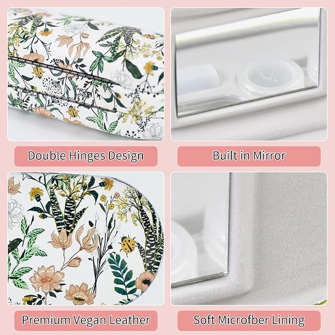 2 in 1 Contact Lens Case and Eyeglasses Case for Women Men Kids, Double Sided Hard Shell Portable Glasses Travel Holder with Built-in Mirror, Contact Lens Box (White Flower)