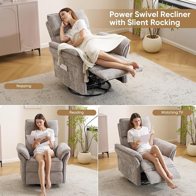 Power Nursery Recliner with Auto Rocking,Oversized Swivel Rocker Recliner with Massage and Heat,Glider Recliner Nursery Chair with Adjustable Headrest for Living Room and Bedroom,Light Grey