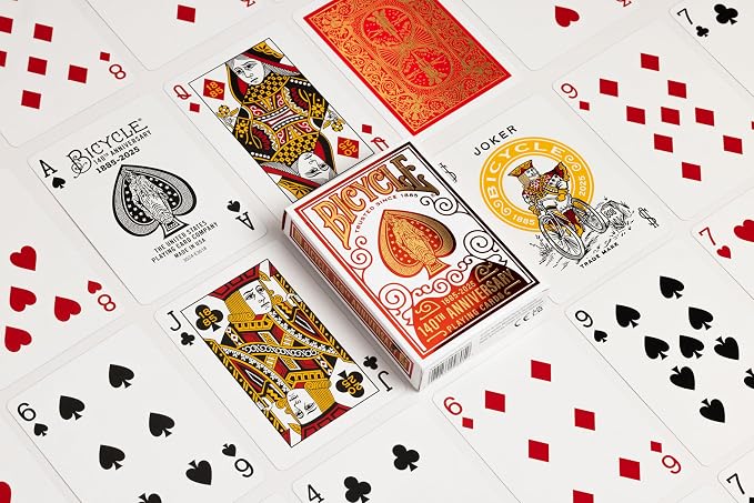 Bicycle 140th Anniversary Playing Cards Special Edition 1885 Design | Red and gold foil, Historic aces from 1885 artwork, Court cards marked with 1885 and 2025, Air Cushion Finish