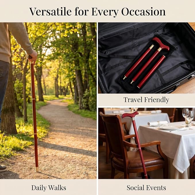 Handcrafted Solid Wood Walking Cane, 3-Section Detachable Brass Joints, Heavy Duty 400+ lbs Support, Lightweight 0.88 lbs, Anti-Slip Rubber Tip, 34.6 in