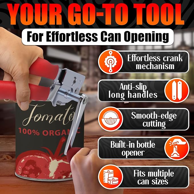 Commercial Can Opener for Large and Small Cans - Manual Stainless Steel Can Opener with Ergonomic Long Handles - 360° Smooth Crank, Non Slip Grip, 2 in 1 Bottle Opener for Home, Cafes and Restaurants
