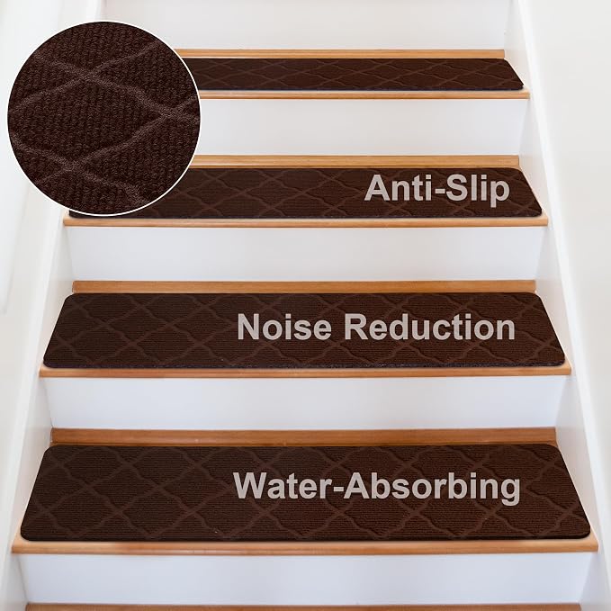 15 PCS Non Slip Stair Treads for Wooden Steps – 8"x30" Indoor Non Slip Stair Treads, Carpet Stair Mats with Self-Adhesive Backing, Removable & Machine Washable – Brown Pattern