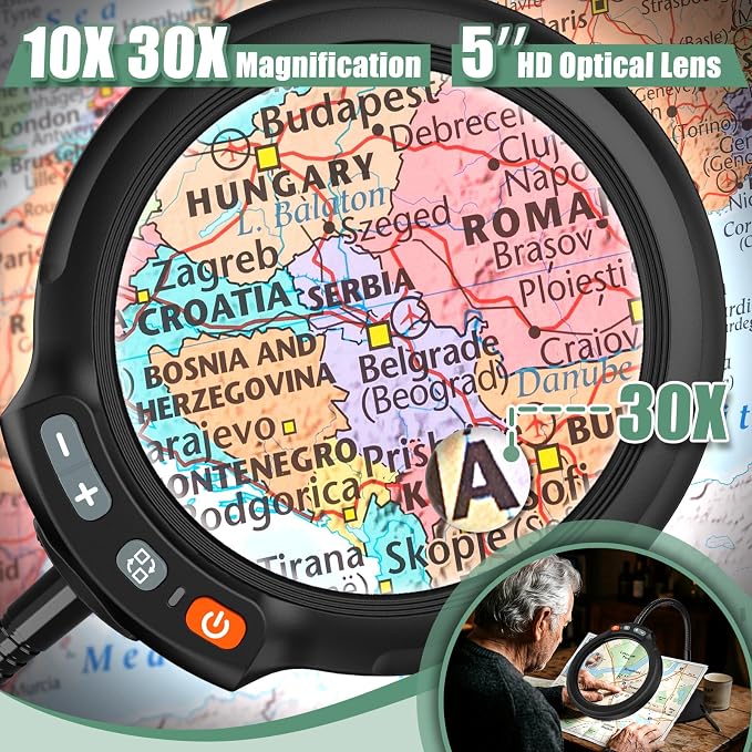 30X 10X Large Magnifying Glass with Light and Stand, 5-Inch Optical Grade HD Lens, 5 Color Modes Stepless Dimmable LED Desk Lamp, Hands Free Gooseneck Lighted Magnifier for Craft Painting Close Work