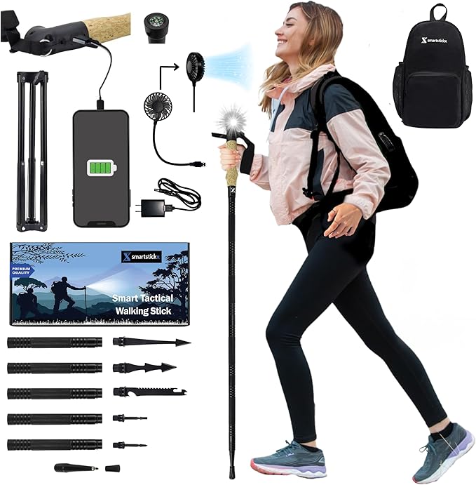 Collapsible Tactical Walking Stick with LED Light, USB Charging, Cork Grip, and Survival Tools – Aircraft Aluminum Trekking Pole for Hiking, Camping, Outdoors & Self Defense