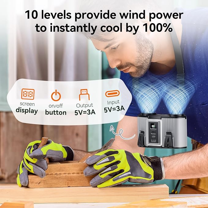Doublepow 24000mAh Portable Waist Fan, Personal Fan, Dual Air Ducts Motors, Rechargeable Clip On Belt for Working, 10 Speeds 45H Wearable Neck Cooling, for Outdoor Work, Travel, Power Outage (Gray)