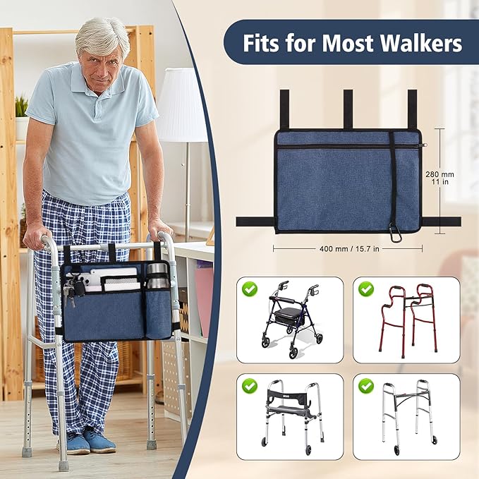 supregear Accessories Bag for Walker, Wheelchair, Rollator - Walker Basket Bag w/Cup Holder - Seniors Caddy Attachment Pouch, Water Resistant Large Capacity Carry Storage Carrier Tote