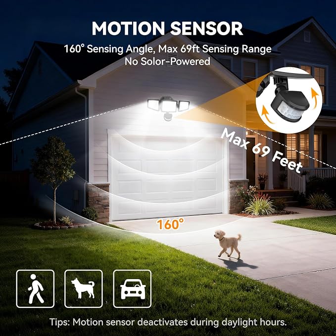 LED Security Lights Motion Sensor Light Outdoor, 7000LM, 6500K, Waterproof, Flood Light Outdoor Motion Detector with Adjustable 3 Head, Hardwired Wall Light for Entryway, Yard, Garage
