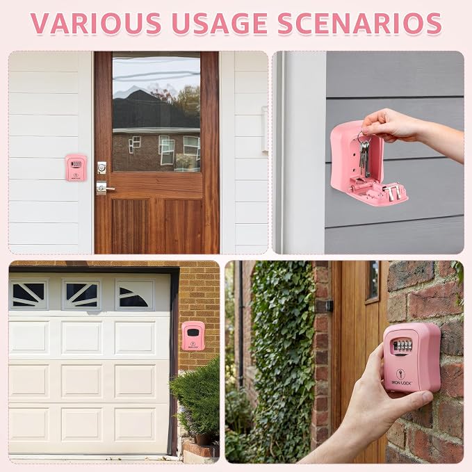 Iron Lock® Medium Wall Mount Combination Key Lock Box, Outdoor (Pink) | Screw-in wall mount (4 screws + 4 anchors) — not magnetic, does not hang; weather-resistant zinc alloy, includes key hanger