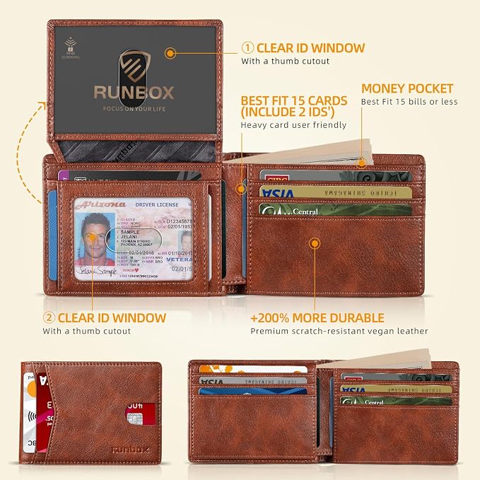 RUNBOX Wallet for Men -Slim Rfid Leather Mens Bifold Novelty Wallets 2 ID Window With Gift Box Men's Accessories | Minimalist Front Pocket Design, Holds 15 Cards, Large Capacity with Cash Pocket,Compact and Thin, Birthday Gifts for Men
