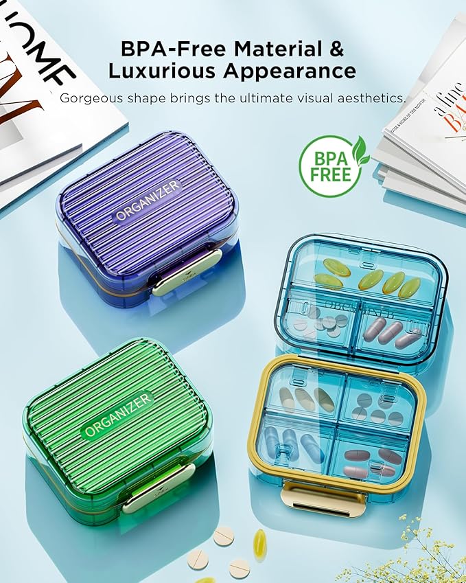 Travel Pill Case, Small Pill Box for Purse, Acedada Portable Daily Pill Container, Compact Moistureproof 7 Compartments Pill Organizer, Stylish Medicine Holder for Vitamins Fish Oils, Black
