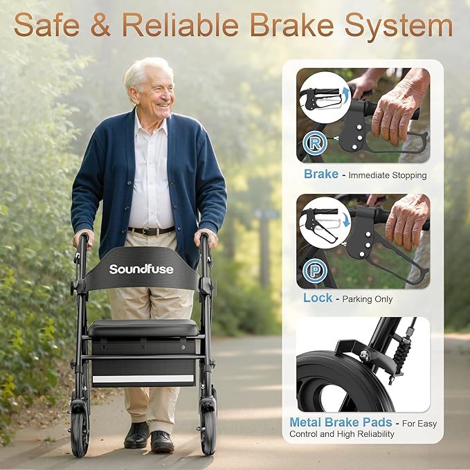 Rollator Walkers with Seat for Seniors, Foldable 8" Big Wheels All Terrain Rolling Walker, Handles and Ergonomic Seat Height Adjustable, 350 lb
