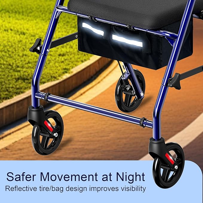 Foldable Rollator Walker with Seat for Seniors, All-Terrain Wheels, 350lb Capacity, Reinforced Inner Metal Rod for Easy Folding & One-Hand Carry, Lightweight Rolling Walker - Blue