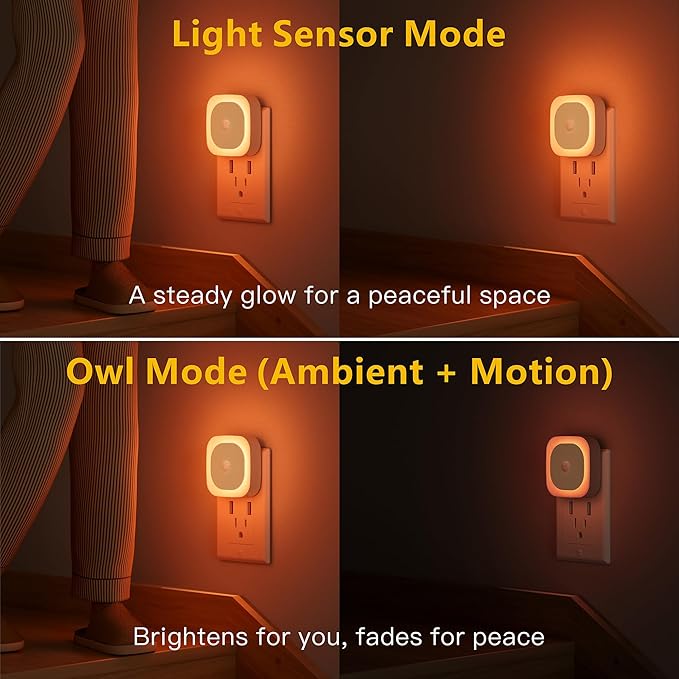 2 Pack Plug in Night Light with Motion Sensor & Dusk to Dawn Sensor, 3 Sensor Modes, Dimmable Night Lights Plug into Wall, Amber Nightlight for Sleep, Bathroom, Bedroom, Indoors, Kids