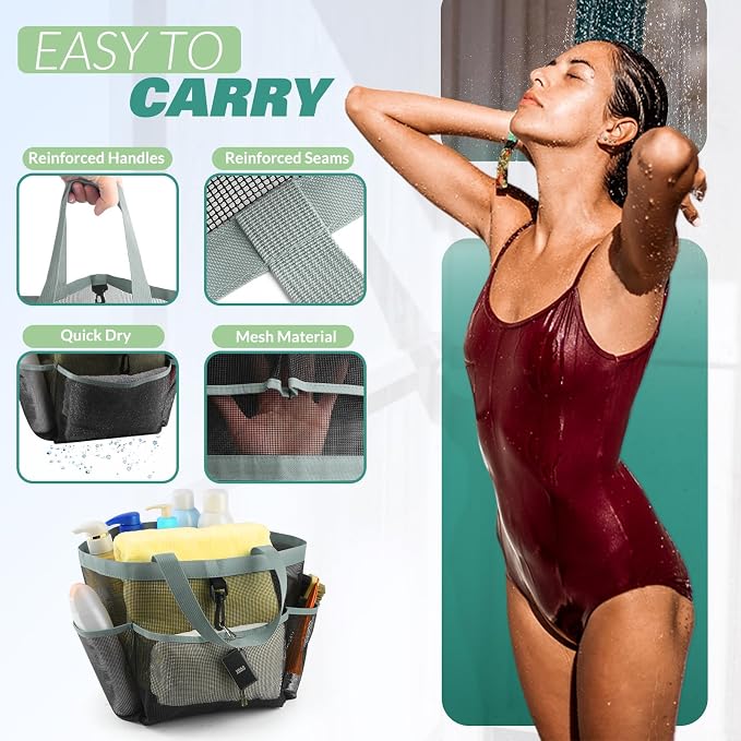 LOYEE Mesh Shower Caddy Portable for College Dorm Room Essentials with 8 Pockets,Shower Bag for Beach,Swimming,Gym,Travel,Bathroom(Grey)