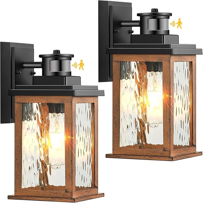 VIANIS Dusk to Dawn Outdoor Lighting for House, Outdoor Lights Fixture, E26 | Lantern with Waterproof, Anti-Rust 100%, Weather Resistant, Wood Grain Motion Sensor Garage Light Sconce Wall Mount, 2 Packs