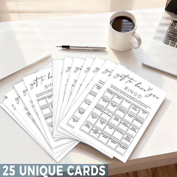 Team Building Games for Work Adults – Get to Know You Bingo Game, 25 Unique Human Bingo Cards 5x7 Inch, Ice Breaker & Office Games for Parties, Meetings & Events - A03
