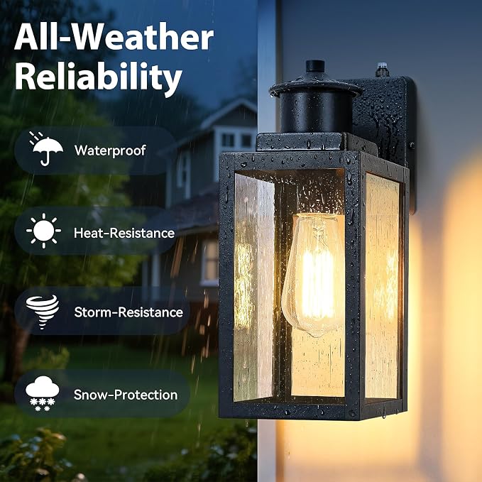 2-Pack Dusk to Dawn Outdoor Wall Lights, Black Modern Porch Lights | Auto ON/OFF, Waterproof, Rust-Resistant, Durable Metal & Seeded Glass, Easy to Install, Ideal for Front Door, Garage