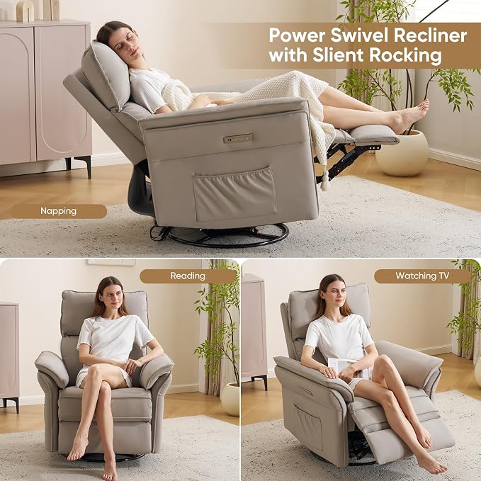 Power Nursery Recliner with Auto Rocking,Oversized Swivel Rocker Recliner with Massage and Heat,Glider Recliner Nursery Chair with Adjustable Headrest for Living Room and Bedroom,Faux Leather，Grey