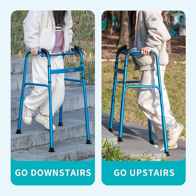 Foldable Stair Climbing Walker for Seniors | Adjustable Height, Wheel-Free Walking Aid, Lightweight Aluminum Alloy, Supports Up to 300lbs, Portable Stair Assist Bar
