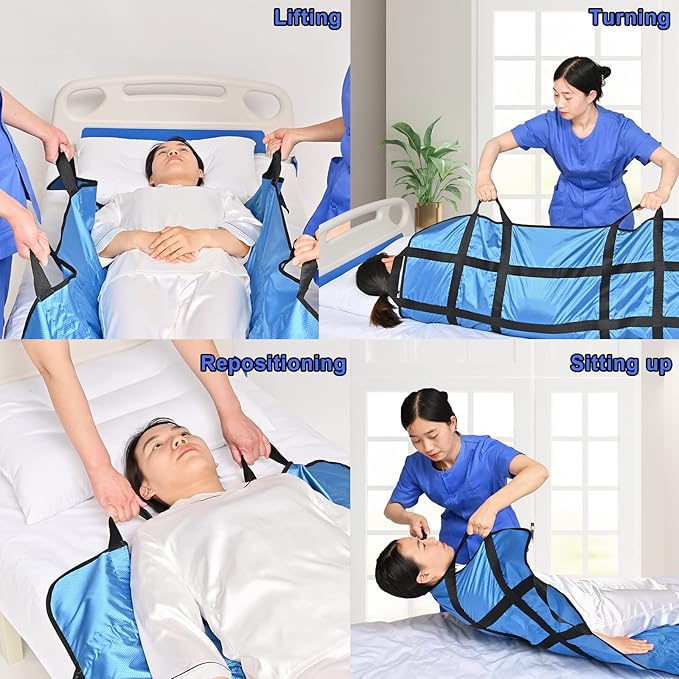 Positioning Bed Pad with Handles 48" X 40"Elderly Lifting Devices Transfer Board Slide Sheet Patient Transfer Board Draw Sheets Sling Transfer Belt with Handles Waterproof Reusable Washable Blue