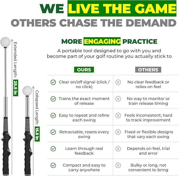 5-in-1 Retractable Golf Swing Trainer, Training Aid with Grip Trainer, Grip Correction for Beginners & Tempo Training for Advanced, Click Feedback, Right/Left-Handed