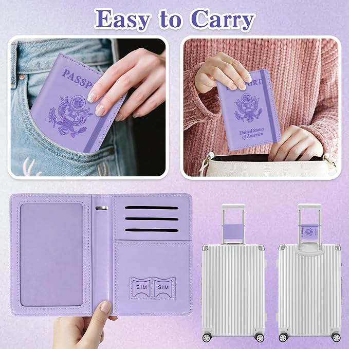 Passport Holder for Travel, RFID Blocking Passport Cover with Pen Holder Leather Passport Wallet Case Travel Must Haves Accessories Passport Book Card Holder for Family Travel Essentials Gifts, Purple