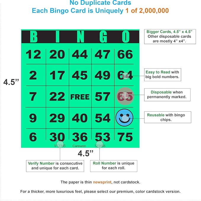 100 Bingo Cards, Large 4.5 x 4.5 Inch, Green, Paper Bingo Sheets | 8 Color Options, Premium Cardstock, Disposable with Daubers or Reusable with Chips — Proudly Made in USA