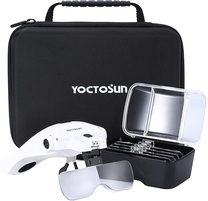 YOCTOSUN Magnifying Glasses with Light, LED Head Magnifier with 5 Lenses, Headband, Storage Case, Hands Free Lighted Head Magnifying Visor for Close Work Hobby Crafts