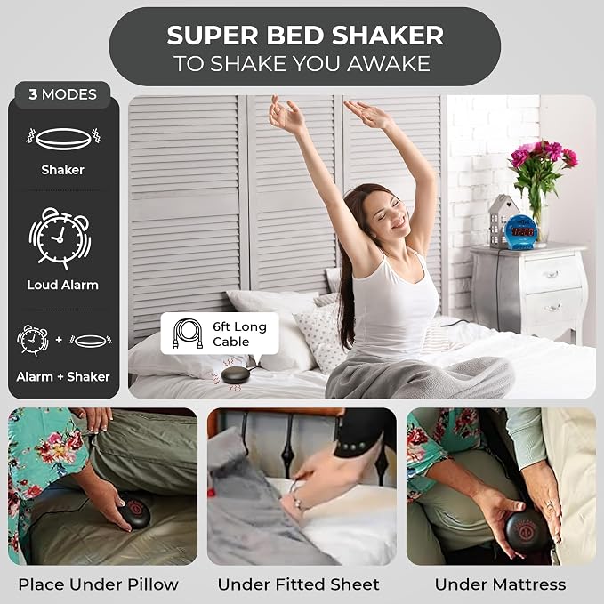 Sonic Alert Sonic Bomb Dual Alarm Clock with Bed Shaker, Turquiose Vibrating Alarm Clock Heavy Sleepers, Battery Backup | Wake with a Shake